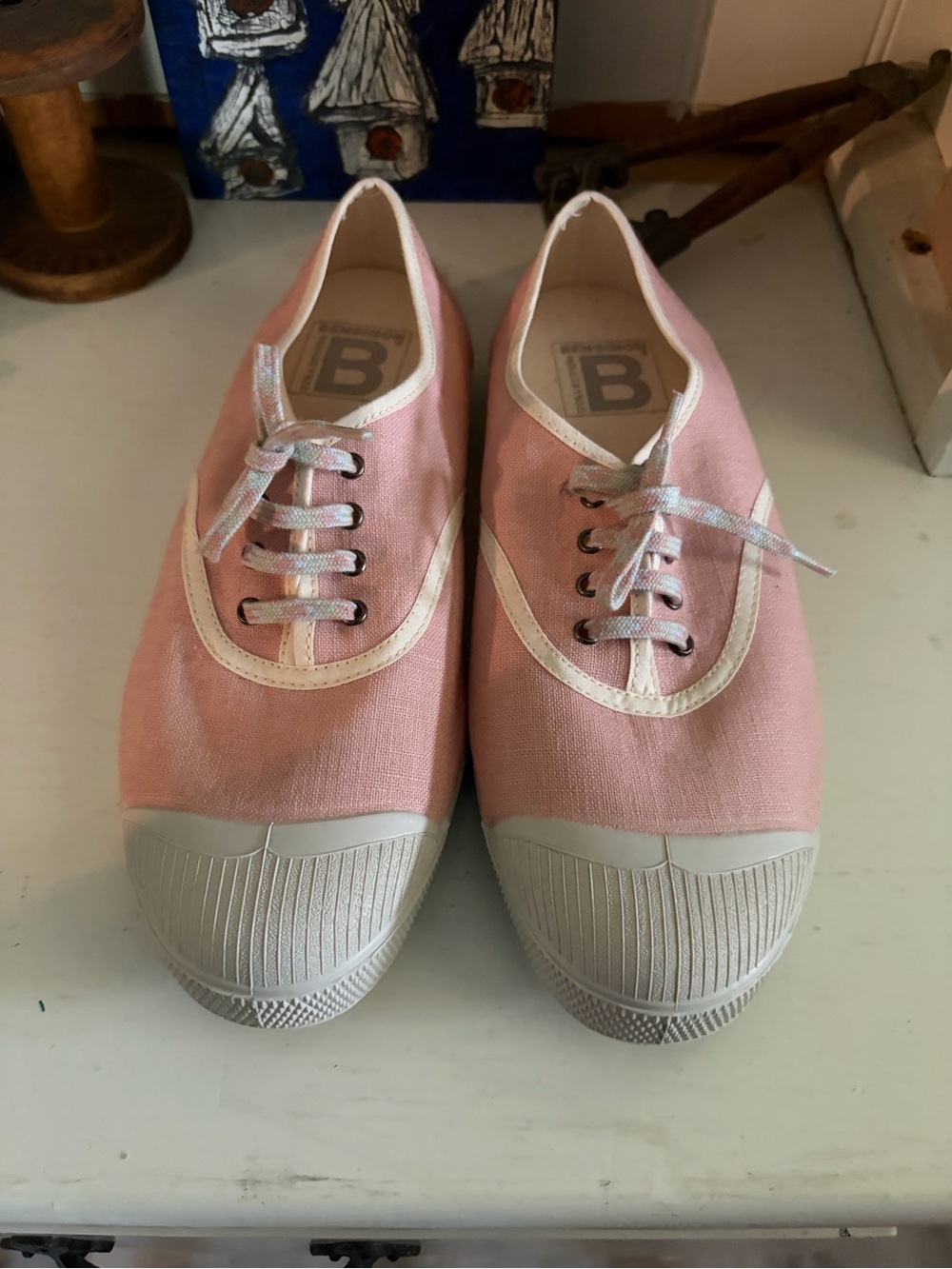 NWOT Bensimon Pink Canvas Lace-Up Sneakers with White Trim